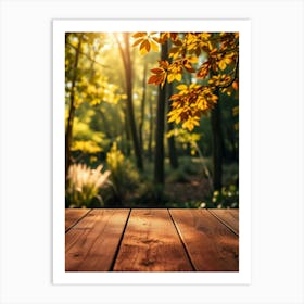 Wooden Table In Autumn Forest Art Print