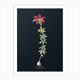 Vintage Wood Lily Botanical Watercolor Illustration on Dark Teal Blue n.0432 Art Print