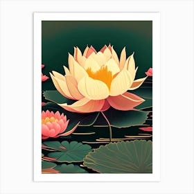 Blooming Lotus Flower In Lake Retro Illustration 3 Art Print