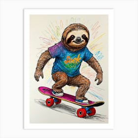 Sloth On Skateboard Art Print