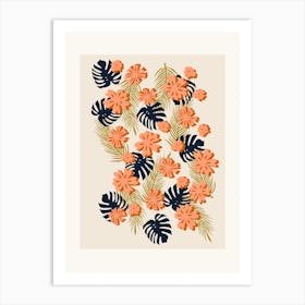 Monstera Palm Leaf And Tropical Flowers Art Print