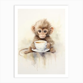Monkey Painting Drinking Tea Watercolour 2 Art Print