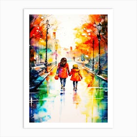 Sisters - Two Children Walking Down The Street Art Print