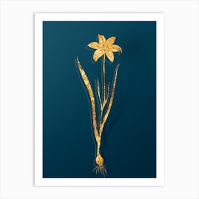 Vintage Lady Tulip Botanical in Gold on Teal Blue Art Print