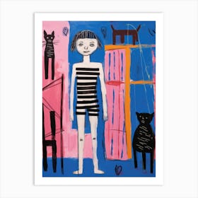 Girl And Her Cats Art Print