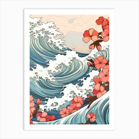 Great Wave With Plumeria Flower Drawing In The Style Of Ukiyo E 1 Art Print