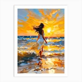 Woman Walking On The Beach At Sunset Art Print