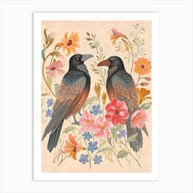 Folksy Floral Animal Drawing Raven 6 Art Print