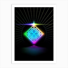 Neon Geometric Glyph in Candy Blue and Pink with Rainbow Sparkle on Black n.0265 Art Print