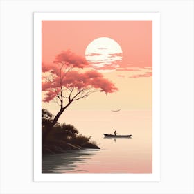 An Illustration In Pink Tones Of A Boat And Trees Overlooking The Ocean 4 Art Print