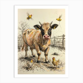 Cow And Chickens 2 Art Print