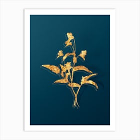 Vintage Blue Spiderwort Botanical in Gold on Teal Blue Art Print