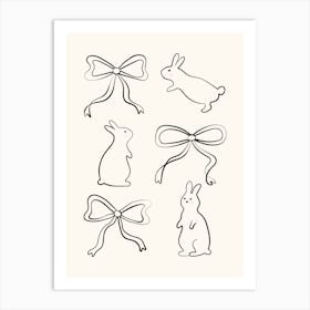 Ribbon Bows and Bunnies in Black and Linen White Art Print