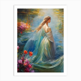 Maiden of the Lake - Young Priestess of Avalon or Gwenevier King Arthur Legend Lady of The Lake Pagan Oil Painting Witchy Blonde Flowers Blue Mythical Magical Art Print