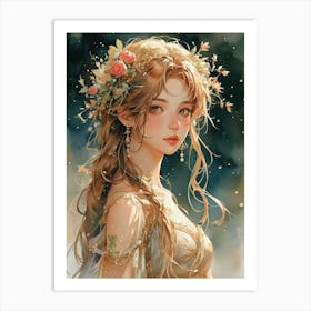 Anime Girl With Flower Crown Art Print