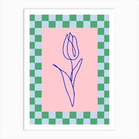 Modern Checkered Flower Poster Blue & Pink 4 Art Print