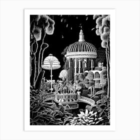 Tivoli Gardens, Italy Linocut Black And White Vintage Art Print