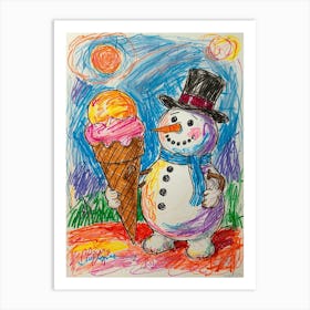 Snowman With Ice Cream Cone Art Print