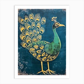 Blue Mustard Solid Linocut Inspired Peacock Art Print