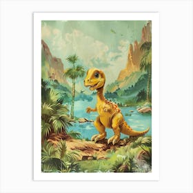 Vintage Cute Dinosaur By The River Painting Art Print