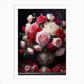 Digital Art Piece Illustrating An Ample Vase Overflowing With Roses And Peonies Captured In Soft Li Art Print