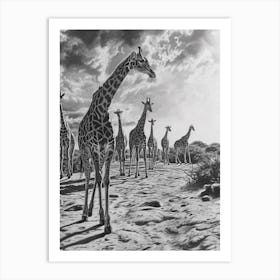 Herd Of Giraffes In The Sun Pencil Drawing 2 Art Print