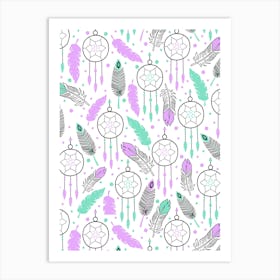 Western Green, Purple, Black, and White Dreamcatchers and Feathers Art Print