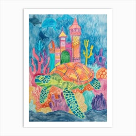 Sea Turtle With An Underwater Castle Pencil Crayon Scribble Art Print