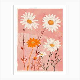 Set Of 4 Simple Hand Drawn Daisies On Pink Paper 13 Art Print