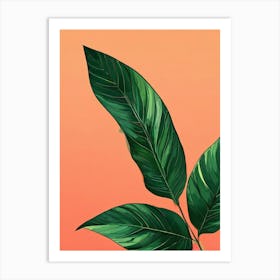 Green Leaf On Orange Background Art Print