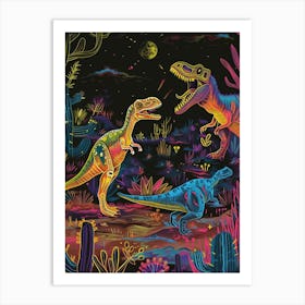 Neon Dinosaurs In The Desert Art Print