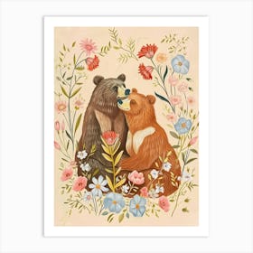 Folksy Floral Animal Drawing Brown Bear 5 Art Print