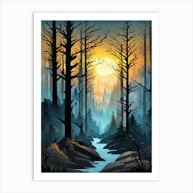 Forest At Sunset Vector Illustration, Forest, sunset,   Forest bathed in the warm glow of the setting sun, forest sunset illustration, forest at sunset, sunset forest vector art, sunset, forest painting, dark forest, landscape painting, nature vector art, Forest Sunset art, trees, pines, spruces, and firs, black, blue and yellow, forest water, water stream  Art Print