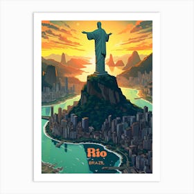 Rio Brazil Christ Statue Travel Illustration Art Print