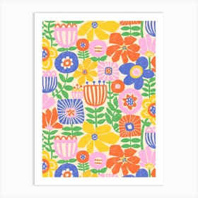 Paper Flowers Collage Colorful Pink Orange Yellow Blue Green White Art Print