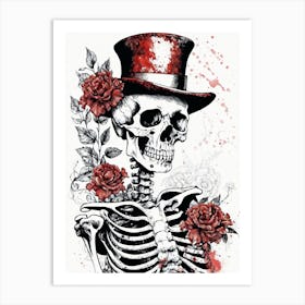 Floral Skeleton With Hat Ink Painting (26) Art Print