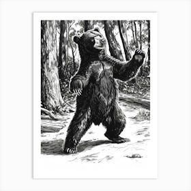 Malayan Sun Bear Dancing In The Woods Ink Illustration 4 Art Print