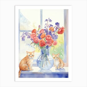 Cat With Sweet Pea Flowers Watercolor Mothers Day Valentines 3 Art Print