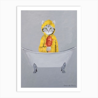 Cat With Goldfish In Bathtub Art Print