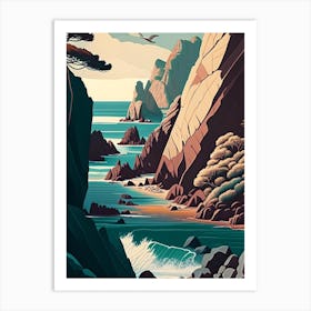 Coastal Cliffs And Rocky Shores Waterscape Retro Illustration 2 Art Print