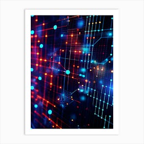 Abstract Background With A Network Of Glowing Blue And Red Lines, Dots, And Geometric Shapes Against A Dark Background Art Print