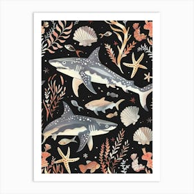 Shark Seascape Black Background Illustration 1 Art Print