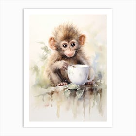 Monkey Painting Drinking Tea Watercolour 1 Art Print