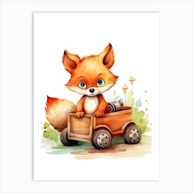 Baby Fox On Toy Car, Watercolour Nursery 0 Art Print