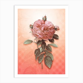 Giant French Rose Vintage Botanical in Peach Fuzz Tartan Plaid Pattern n.0026 Art Print