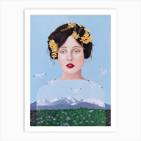 Lady Surrealist With Mountain And Seagulls Art Print