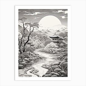 Yufuin In Oita, Ukiyo E Black And White Line Art Drawing 4 Art Print