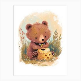 Brown Bear Cub Playing With A Beehive Storybook Illustration 1 Art Print