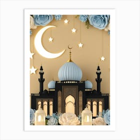 Ramadan 2025 wall art moon, lantern, stars in blue, beige, white and black Art Print