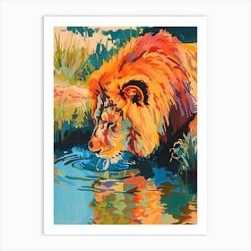 Transvaal Lion Drinking From A Watering Hole Fauvist Painting 4 Art Print